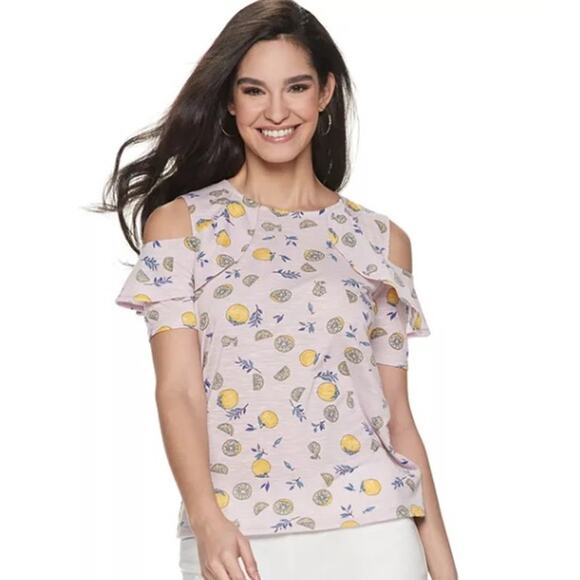 Juicy Couture Tops - Juicy Couture Women's Lemon Print Purple Combo Ruffle Cold-Shoulder Top Size XL